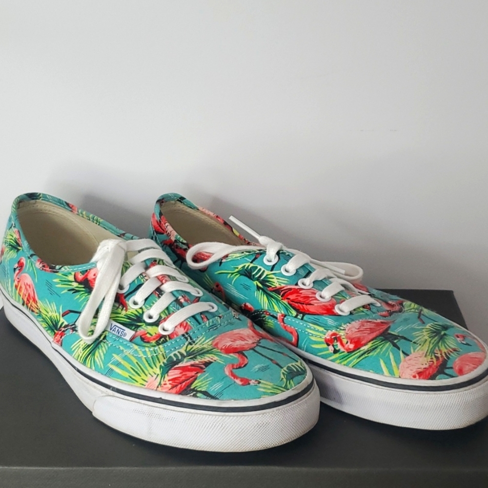Flamingo print, bright blue/green/pink colored lace up Vans